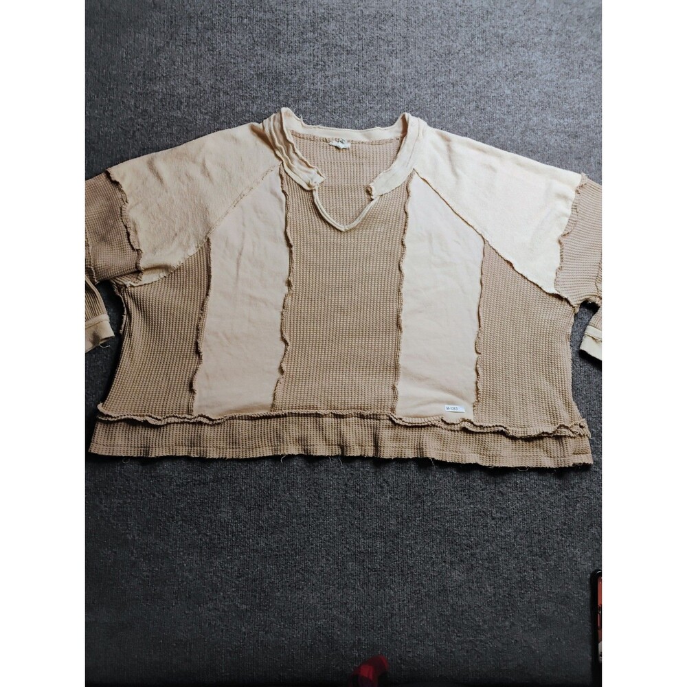 POL Women's Patchwork Waffle Knit Sweatshirt Beige Raw Hem Oversized Size M